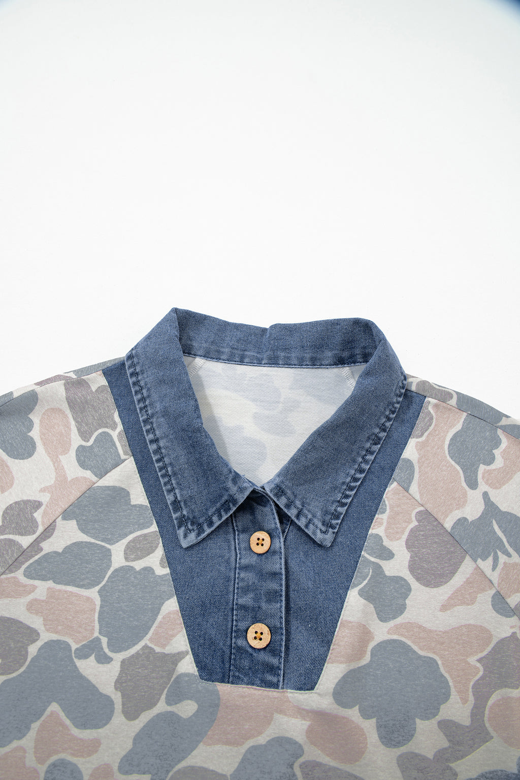 Camouflage Print Denim Patchwork Polo Collar Tee
