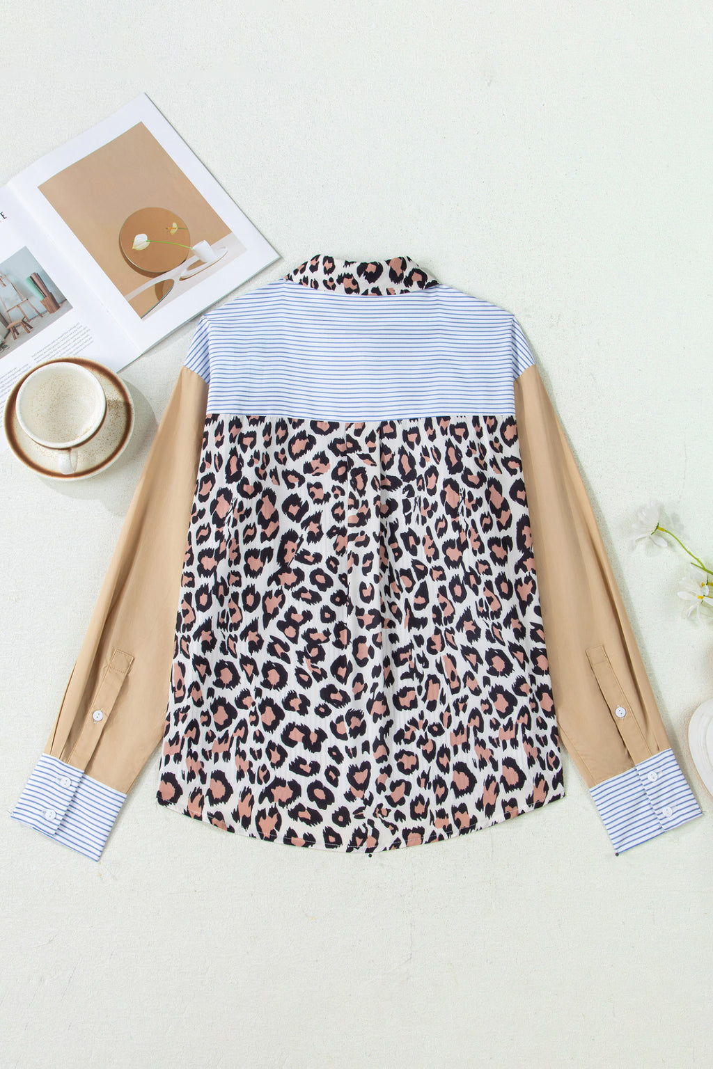 Sky Blue Stripe Leopard Patchwork Shirt