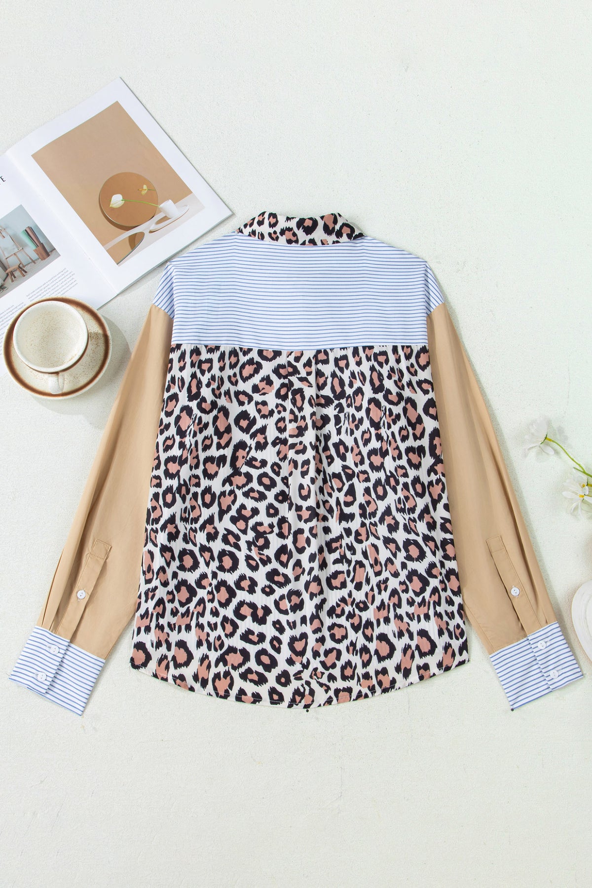 Sky Blue Stripe Leopard Patchwork Shirt