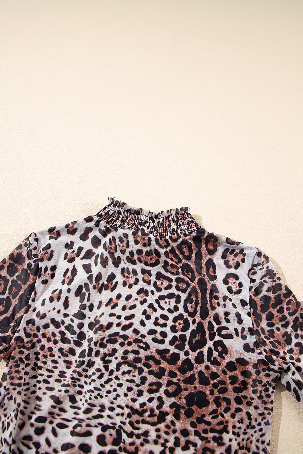Brown Leopard Smocked Neck Mesh Bodysuit