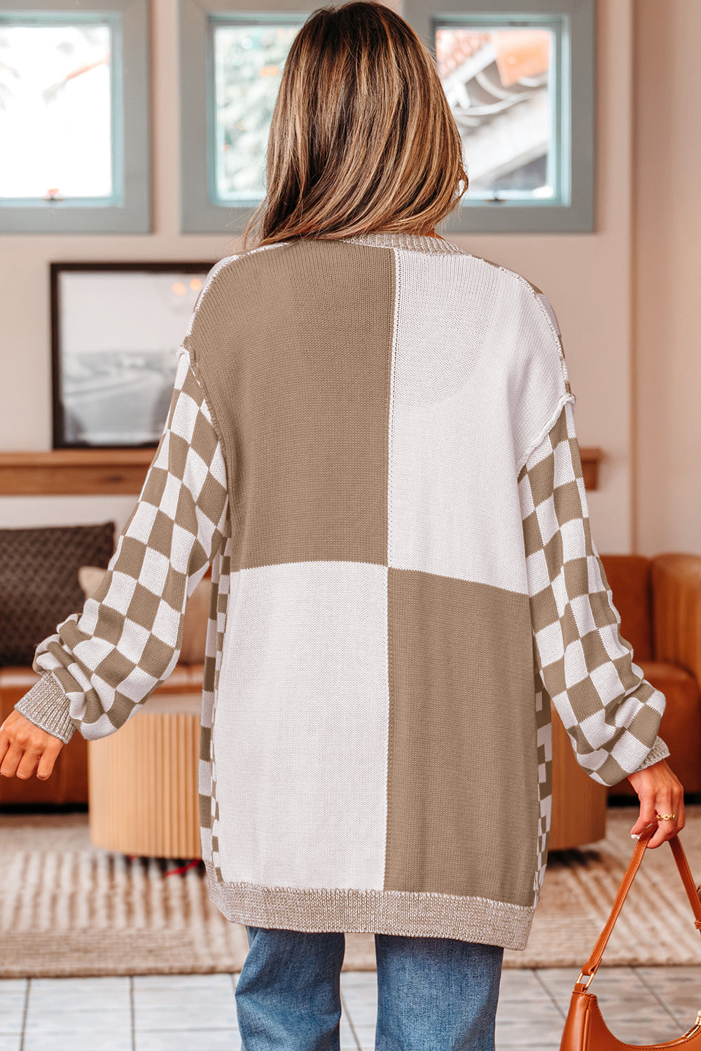 Checkered Open Front Drop Shoulder Cardigan