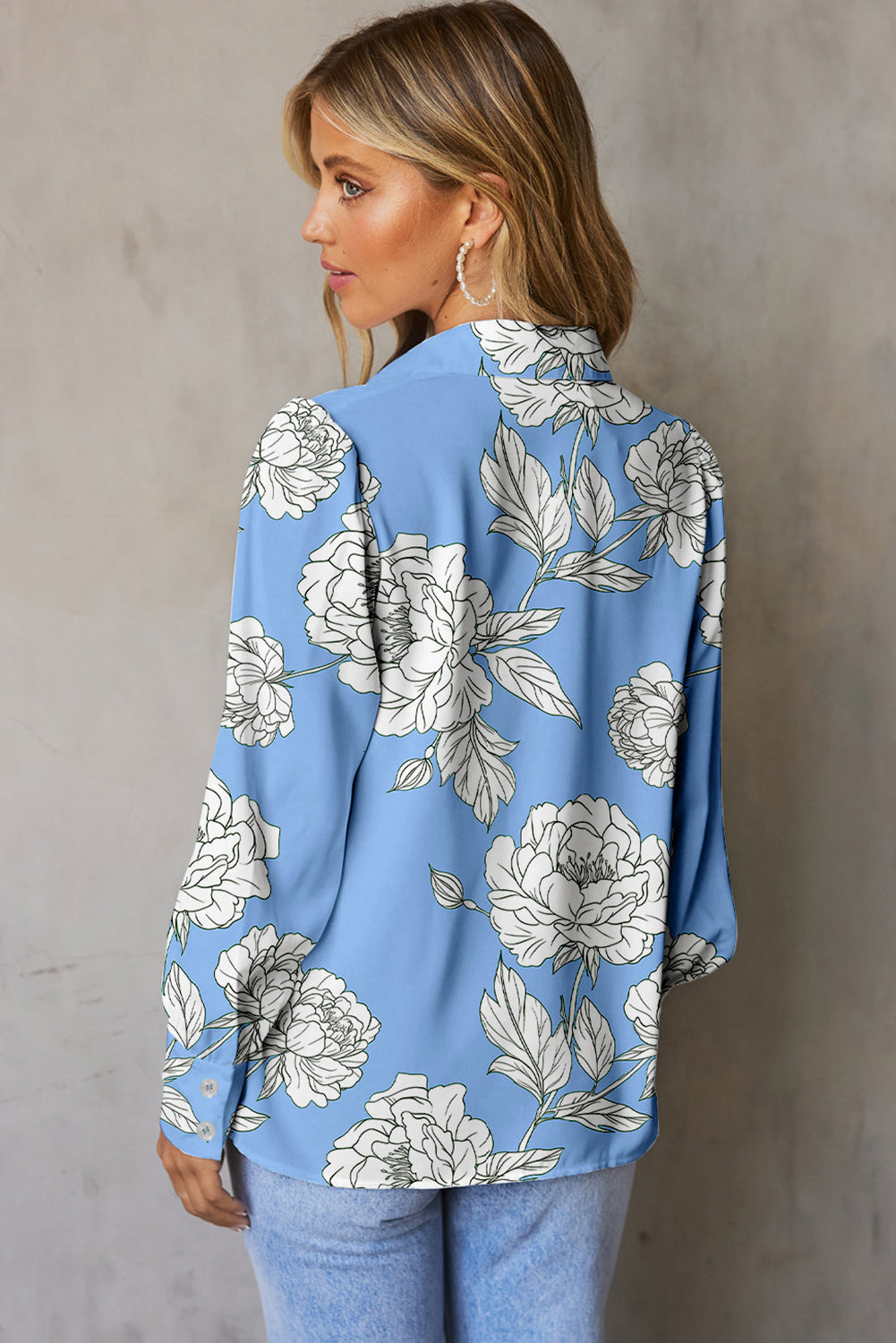 Sky Blue Floral Print Button Up Shirt